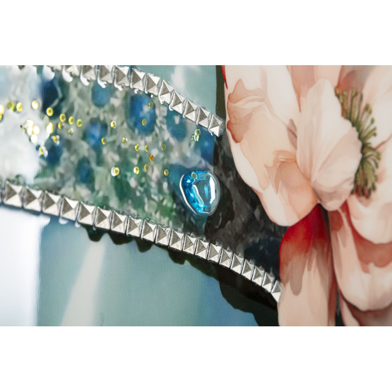 Toile murale peinte Femme chapeau bleu col bijou 62x92 avec cadre noir Pam 