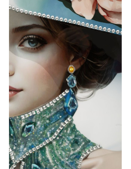 Toile murale peinte Femme chapeau bleu col bijou 62x92 avec cadre noir Pam 