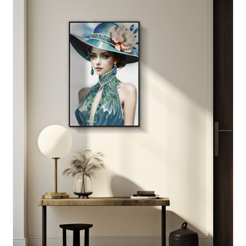 Toile murale peinte Femme chapeau bleu col bijou 62x92 avec cadre noir Pam 