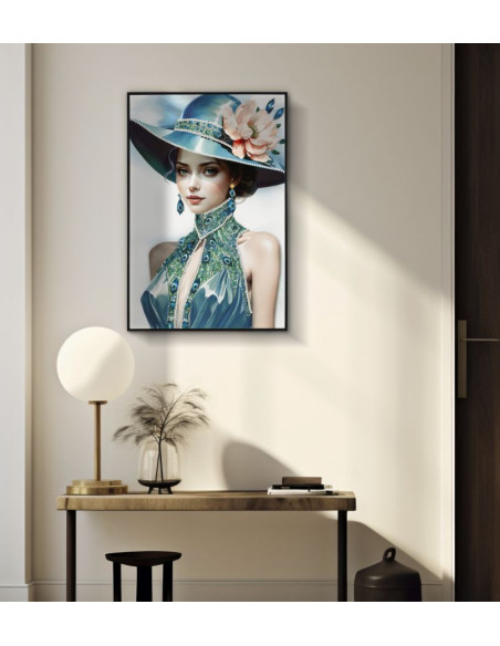 Toile murale peinte Femme chapeau bleu col bijou 62x92 avec cadre noir Pam 