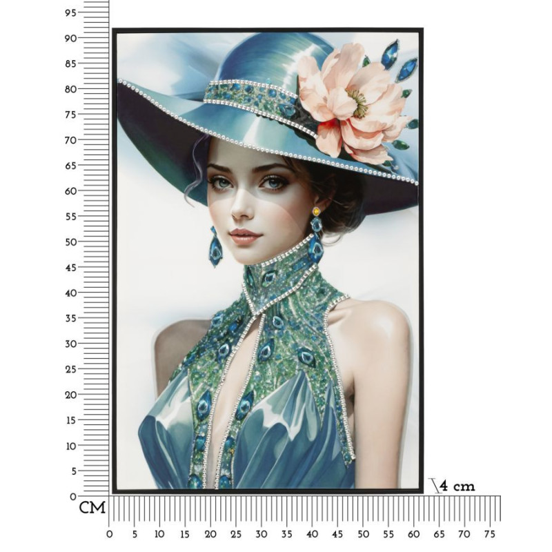 Toile murale peinte Femme chapeau bleu col bijou 62x92 avec cadre noir Pam 