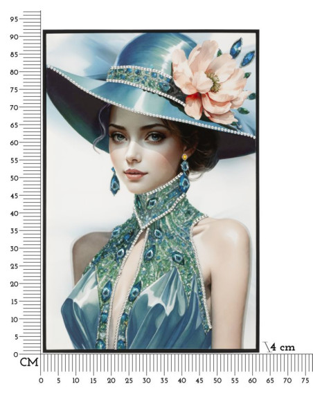 Toile murale peinte Femme chapeau bleu col bijou 62x92 avec cadre noir Pam 