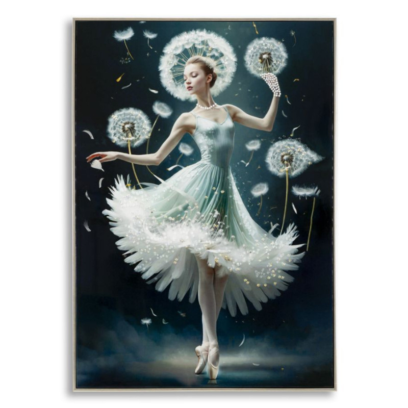 Grande toile murale peinte Danseuse pissenlits bras levés 72x102 avec cadre argenté Dancing 