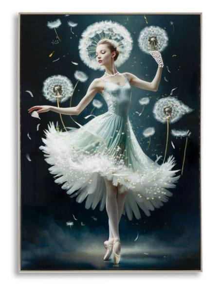 Grande toile murale peinte Danseuse pissenlits bras levés 72x102 avec cadre argenté Dancing 
