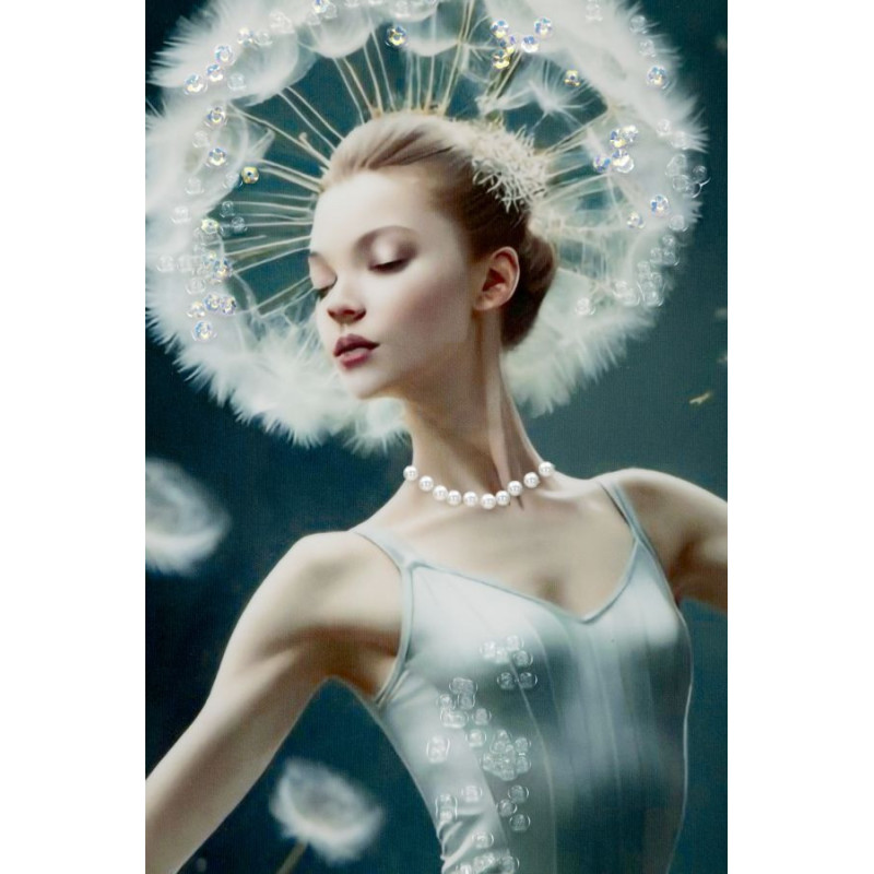 Grande toile murale peinte Danseuse pissenlits bras levés 72x102 avec cadre argenté Dancing 