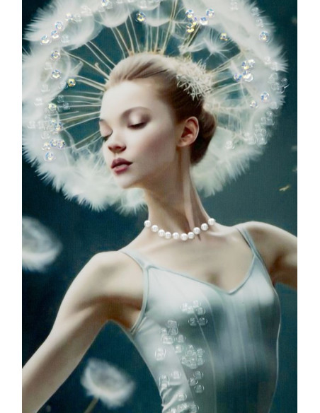 Grande toile murale peinte Danseuse pissenlits bras levés 72x102 avec cadre argenté Dancing 