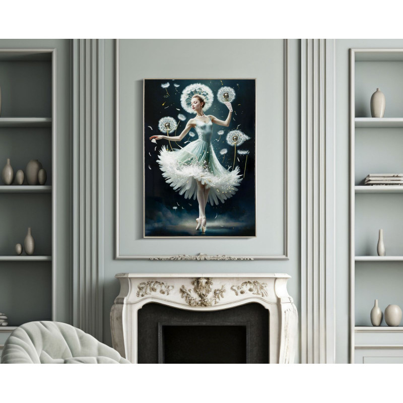 Grande toile murale peinte Danseuse pissenlits bras levés 72x102 avec cadre argenté Dancing 