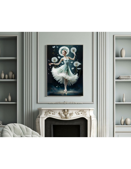 Grande toile murale peinte Danseuse pissenlits bras levés 72x102 avec cadre argenté Dancing 