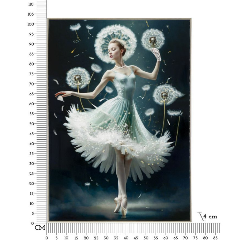 Grande toile murale peinte Danseuse pissenlits bras levés 72x102 avec cadre argenté Dancing 