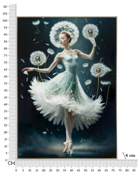 Grande toile murale peinte Danseuse pissenlits bras levés 72x102 avec cadre argenté Dancing 