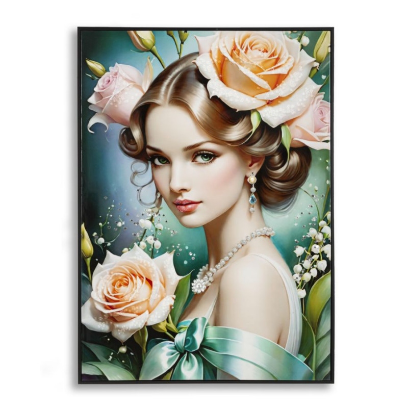 Grande toile murale peinte Femme fleurs robe verte 72x102 avec cadre noir Fantasy 