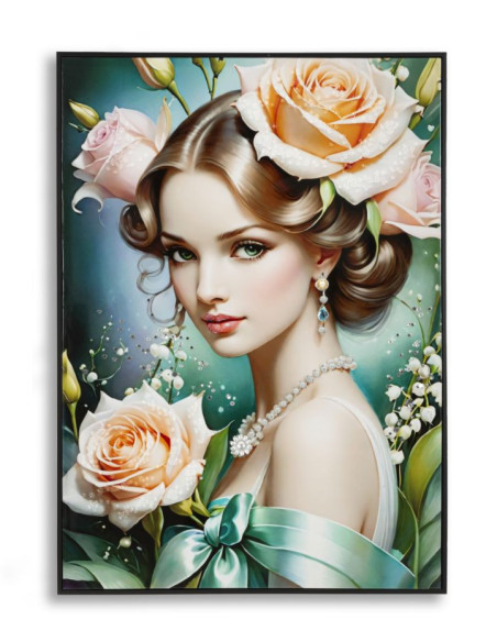 Grande toile murale peinte Femme fleurs robe verte 72x102 avec cadre noir Fantasy 