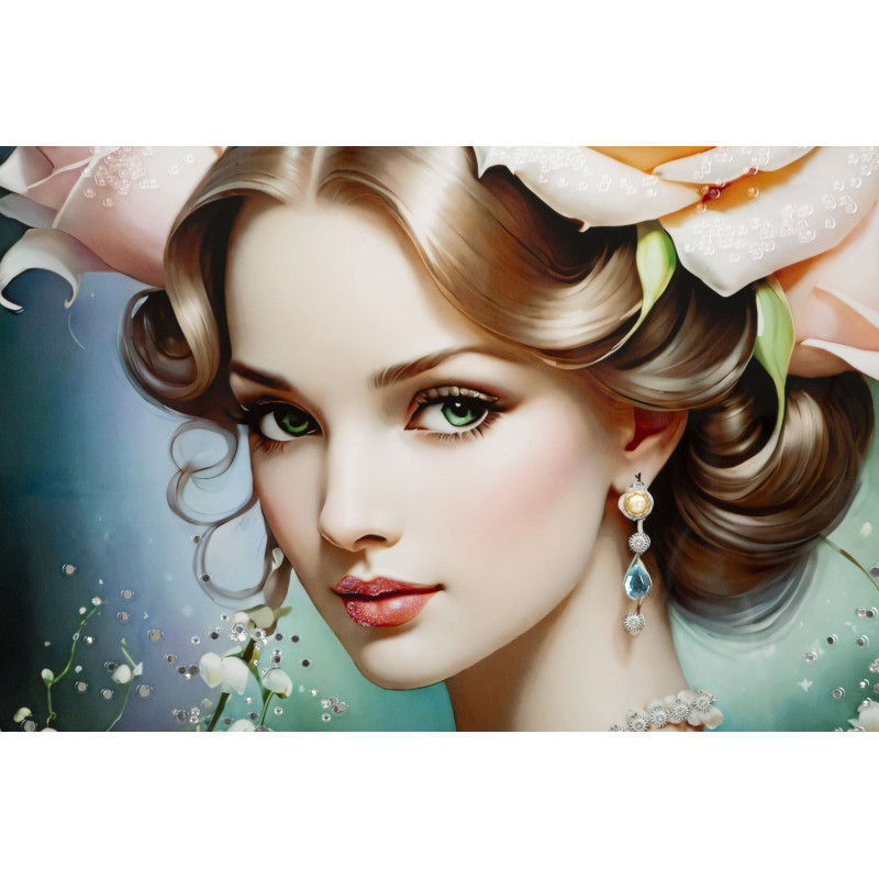 Grande toile murale peinte Femme fleurs robe verte 72x102 avec cadre noir Fantasy 