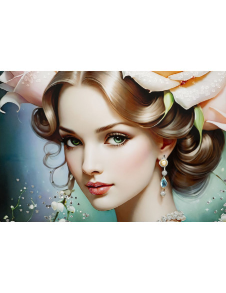 Grande toile murale peinte Femme fleurs robe verte 72x102 avec cadre noir Fantasy 