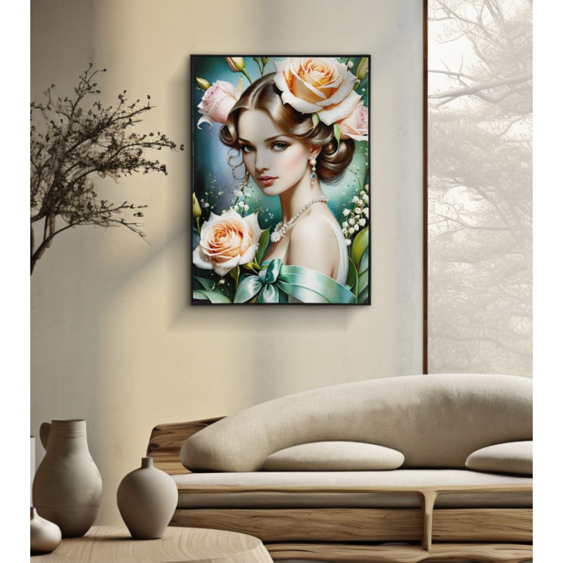 Grande toile murale peinte Femme fleurs robe verte 72x102 avec cadre noir Fantasy 