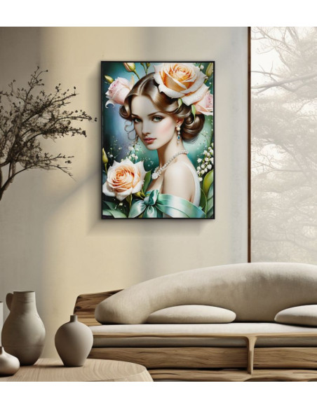 Grande toile murale peinte Femme fleurs robe verte 72x102 avec cadre noir Fantasy 