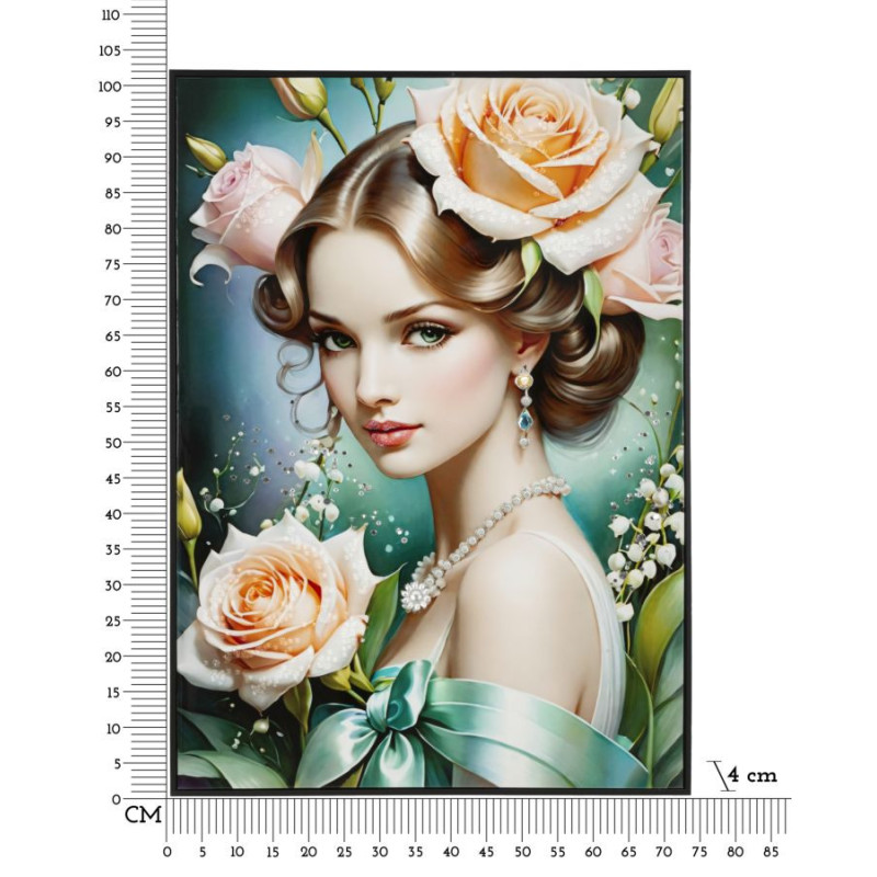 Grande toile murale peinte Femme fleurs robe verte 72x102 avec cadre noir Fantasy 