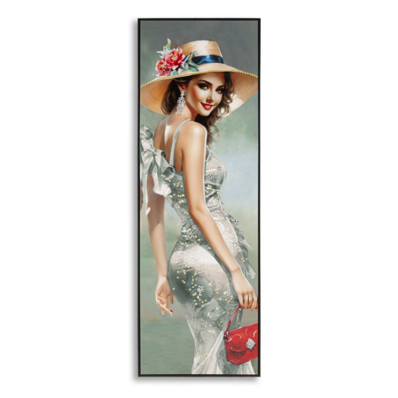Grande toile murale peinte Femme élégante robe grise sac rouge 52x152 avec cadre noir Elegant 