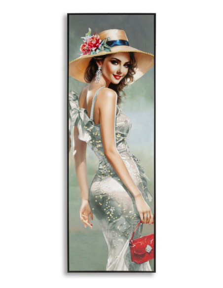 Grande toile murale peinte Femme élégante robe grise sac rouge 52x152 avec cadre noir Elegant 