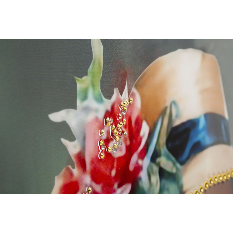 Grande toile murale peinte Femme élégante robe grise sac rouge 52x152 avec cadre noir Elegant 