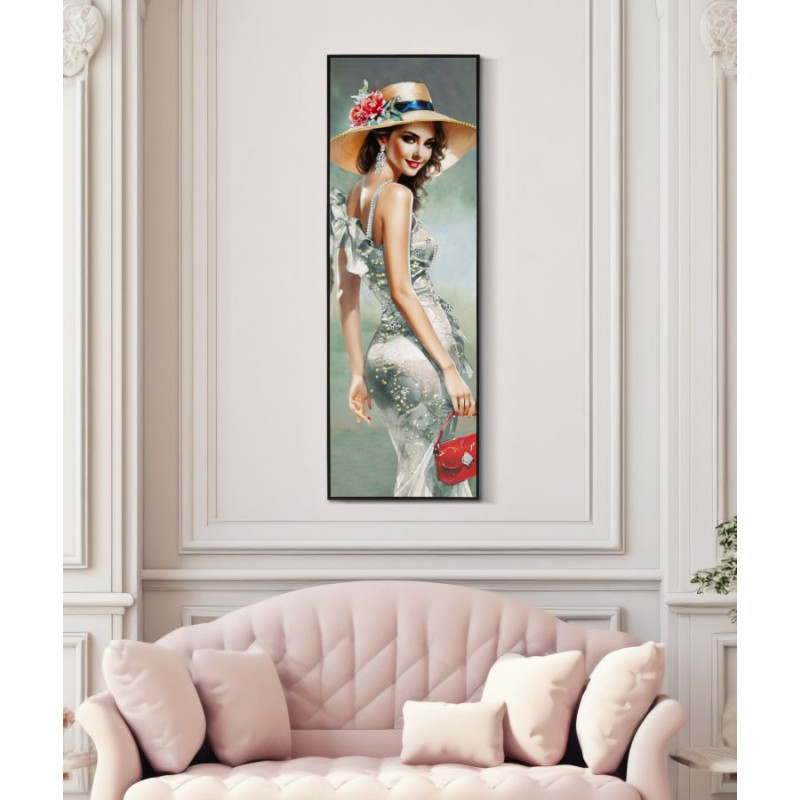 Grande toile murale peinte Femme élégante robe grise sac rouge 52x152 avec cadre noir Elegant 