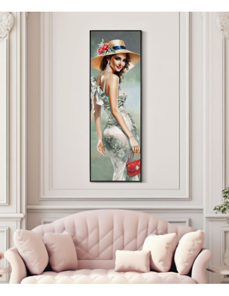Grande toile murale peinte Femme élégante robe grise sac rouge 52x152 avec cadre noir Elegant 