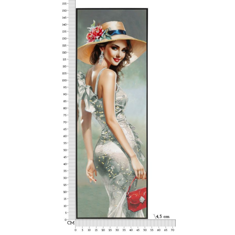 Grande toile murale peinte Femme élégante robe grise sac rouge 52x152 avec cadre noir Elegant 