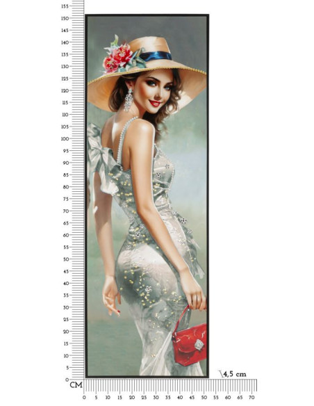Grande toile murale peinte Femme élégante robe grise sac rouge 52x152 avec cadre noir Elegant 
