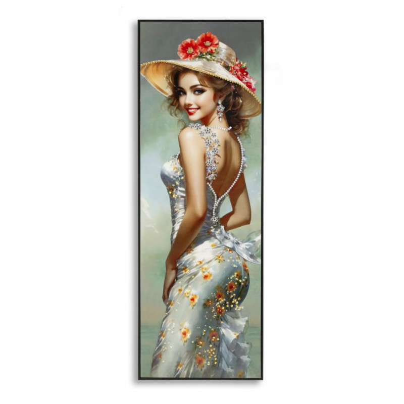 Grande toile murale peinte Femme élégante robe grise fleurs orange 52x152 avec cadre noir Elegant 