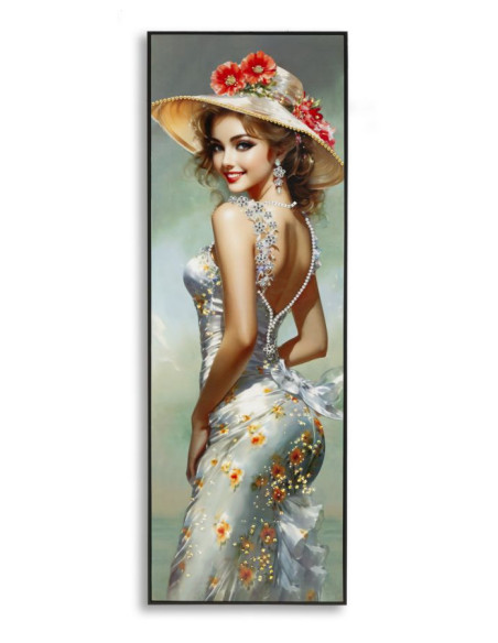 Grande toile murale peinte Femme élégante robe grise fleurs orange 52x152 avec cadre noir Elegant 