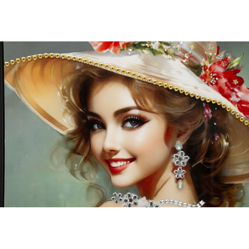 Grande toile murale peinte Femme élégante robe grise fleurs orange 52x152 avec cadre noir Elegant 