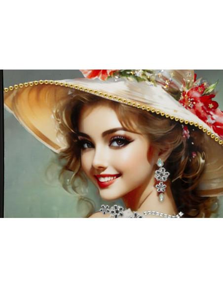 Grande toile murale peinte Femme élégante robe grise fleurs orange 52x152 avec cadre noir Elegant 