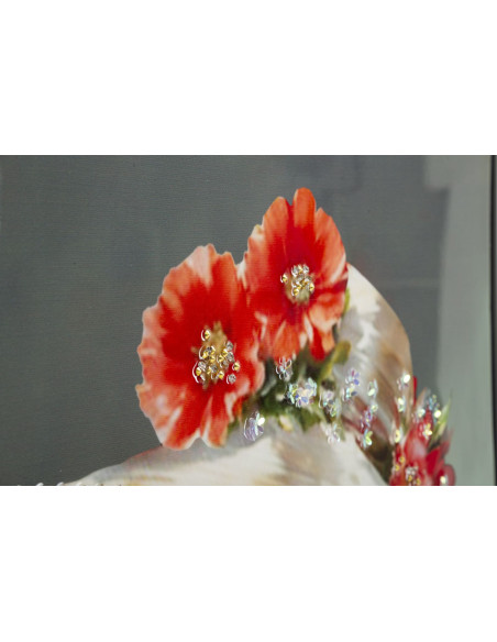 Grande toile murale peinte Femme élégante robe grise fleurs orange 52x152 avec cadre noir Elegant 