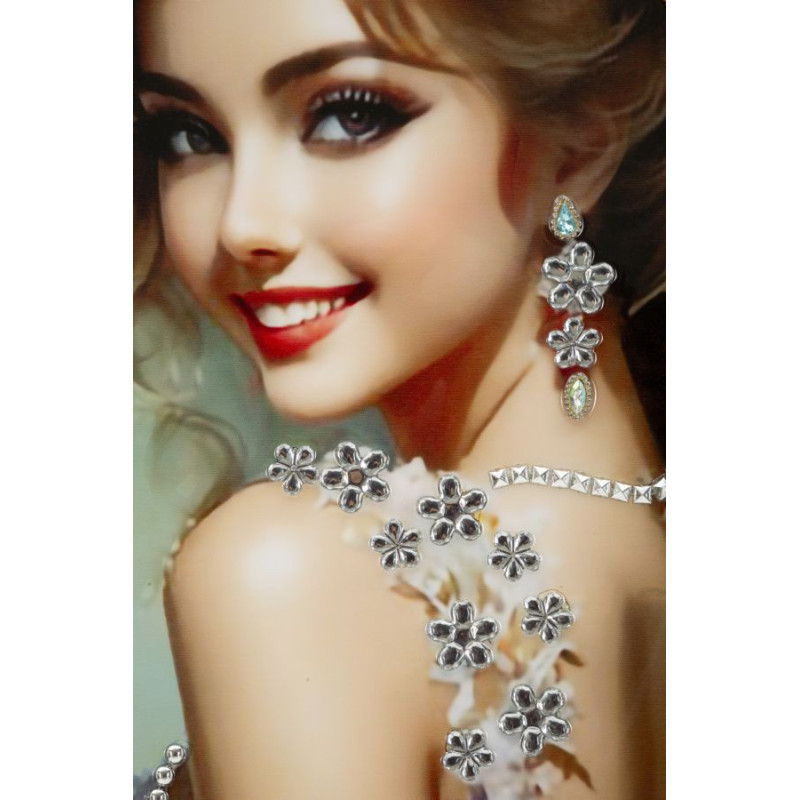 Grande toile murale peinte Femme élégante robe grise fleurs orange 52x152 avec cadre noir Elegant 