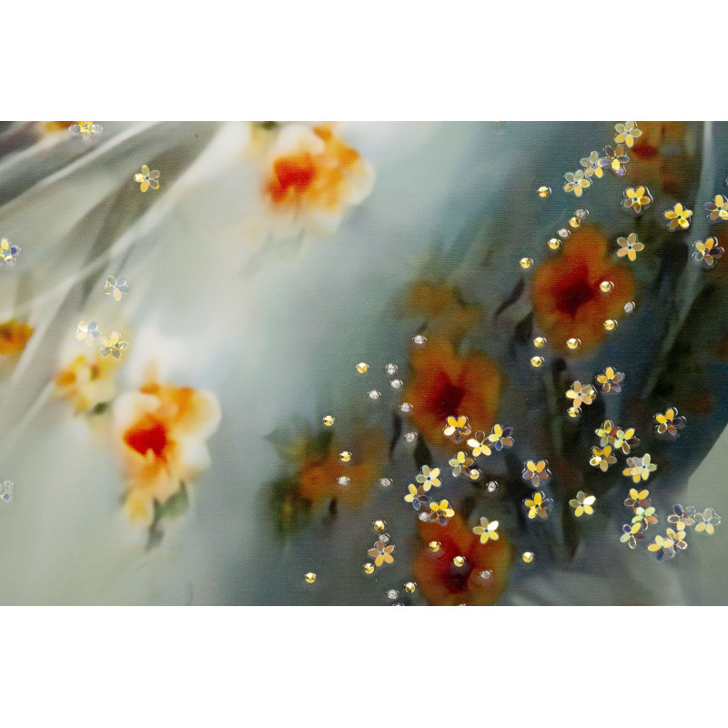 Grande toile murale peinte Femme élégante robe grise fleurs orange 52x152 avec cadre noir Elegant 