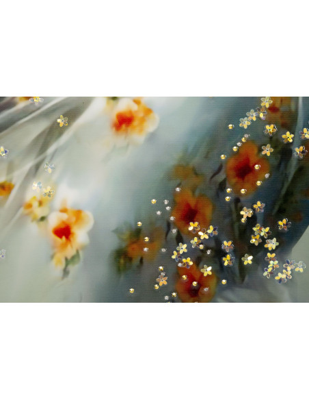 Grande toile murale peinte Femme élégante robe grise fleurs orange 52x152 avec cadre noir Elegant 