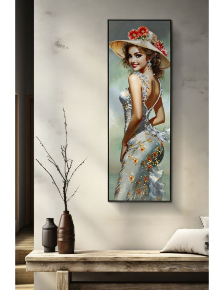 Grande toile murale peinte Femme élégante robe grise fleurs orange 52x152 avec cadre noir Elegant 