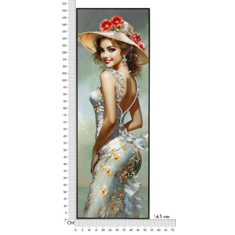 Grande toile murale peinte Femme élégante robe grise fleurs orange 52x152 avec cadre noir Elegant 