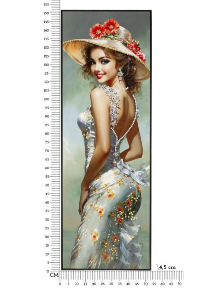 Grande toile murale peinte Femme élégante robe grise fleurs orange 52x152 avec cadre noir Elegant 