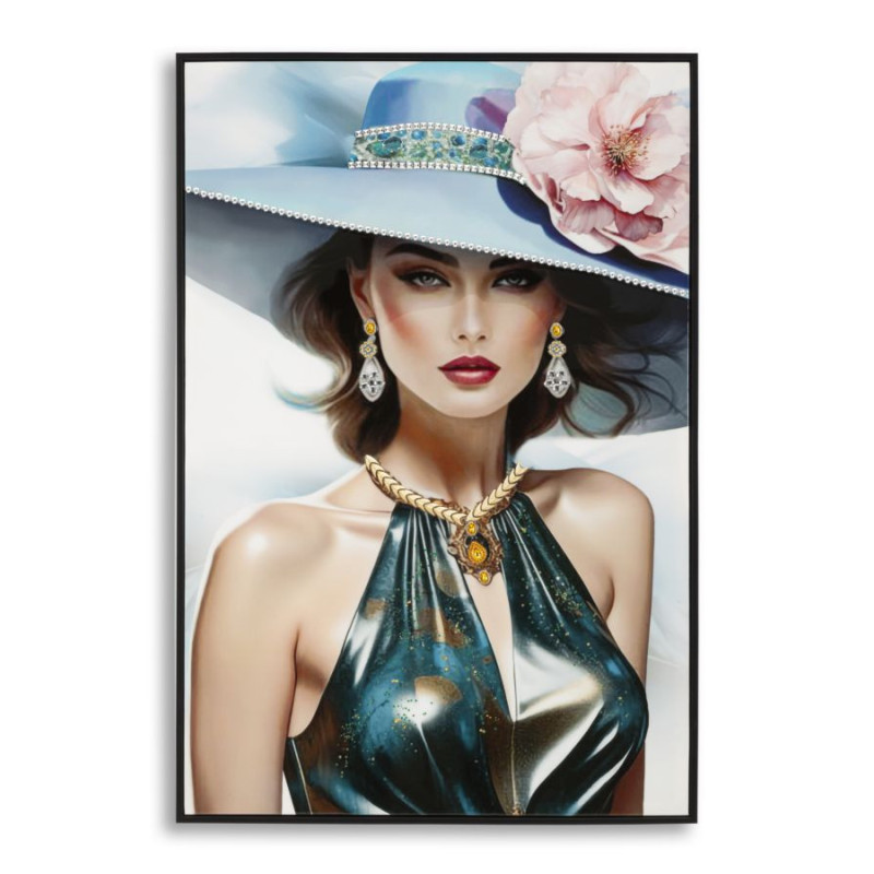Toile murale peinte Femme chapeau bleu robe métallisée 62x92 avec cadre noir Pam 