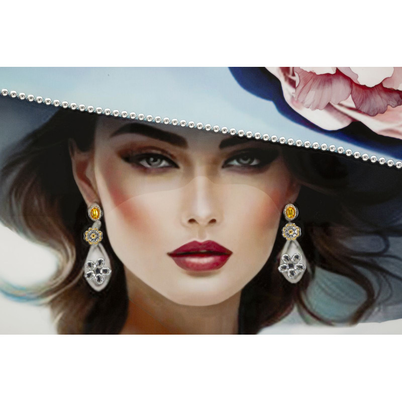 Toile murale peinte Femme chapeau bleu robe métallisée 62x92 avec cadre noir Pam 