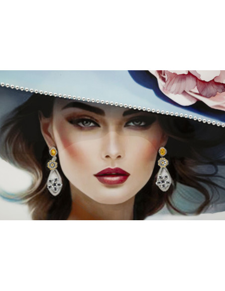 Toile murale peinte Femme chapeau bleu robe métallisée 62x92 avec cadre noir Pam 