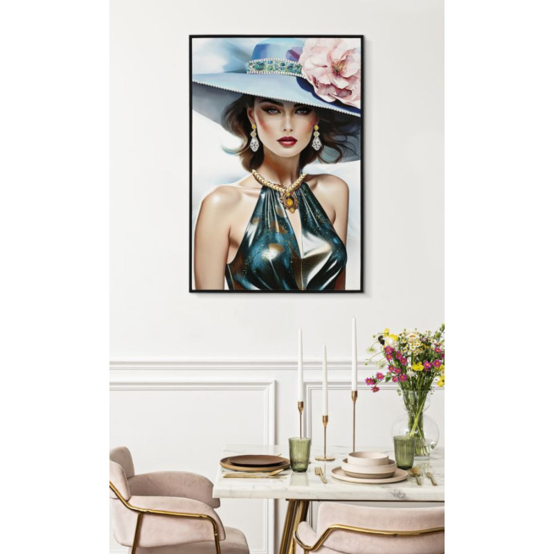 Toile murale peinte Femme chapeau bleu robe métallisée 62x92 avec cadre noir Pam 