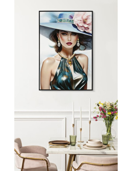 Toile murale peinte Femme chapeau bleu robe métallisée 62x92 avec cadre noir Pam 