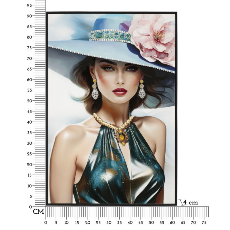 Toile murale peinte Femme chapeau bleu robe métallisée 62x92 avec cadre noir Pam 
