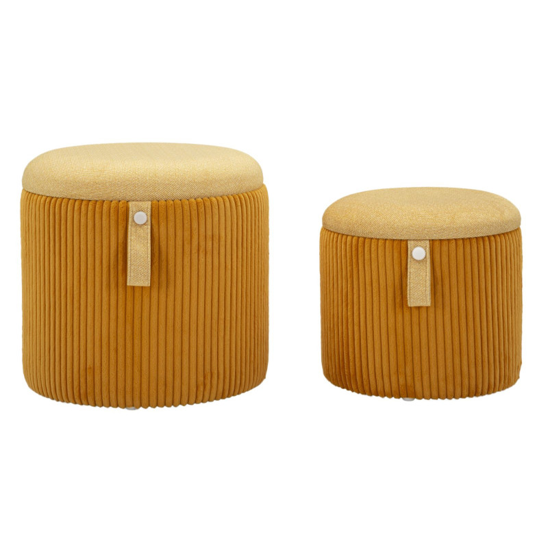 Pouf coffre rangement style art déco Rond Velours côtelé Jaune moutarde MDF Bolzano (Lot de 2) 