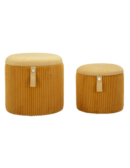 Pouf coffre rangement style art déco Rond Velours côtelé Jaune moutarde MDF Bolzano (Lot de 2) 