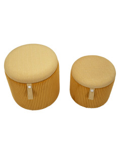 Pouf coffre rangement style art déco Rond Velours côtelé Jaune moutarde MDF Bolzano (Lot de 2) 