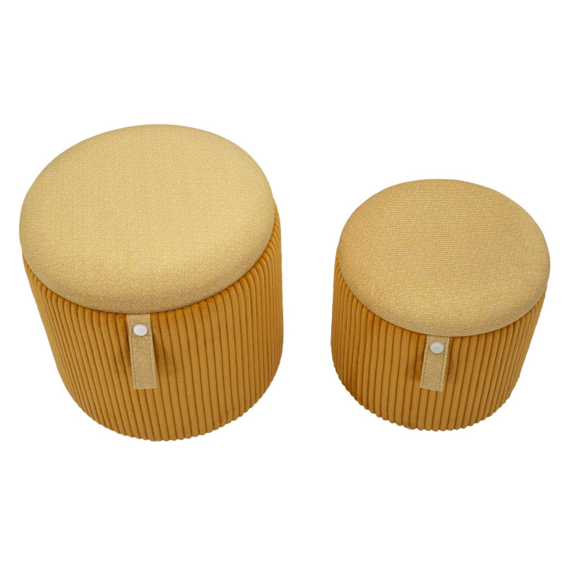 Pouf coffre rangement style art déco Rond Velours côtelé Jaune moutarde MDF Bolzano (Lot de 2) 