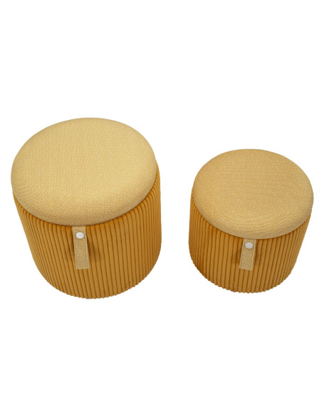 Pouf coffre rangement style art déco Rond Velours côtelé Jaune moutarde MDF Bolzano (Lot de 2) 
